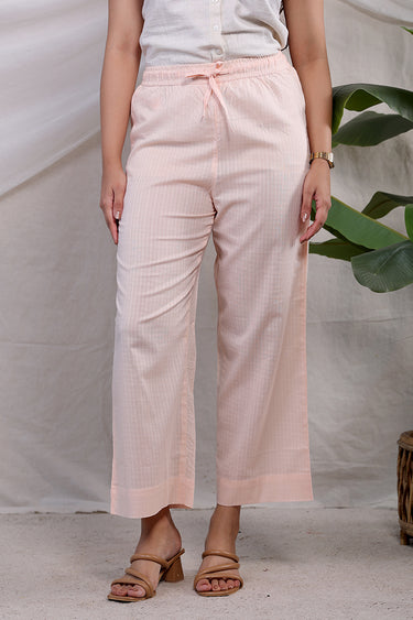 Tropical Peach Checks Cotton Dobby Women Flared Pant