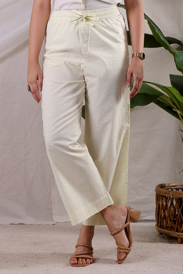 Butter Yellow Stripes Cotton Dobby Women Flared Pant