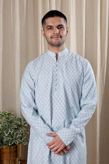 Powder Blue Jaquard Banarasi Art Silk Men Long Kurta Full Sleeves MLKFS251C19