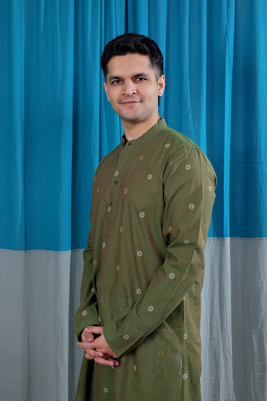 Olive Green Zari Buti South Cotton Men Long Kurta