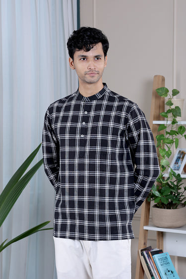 Black Checks South Cotton Men Short Kurta
