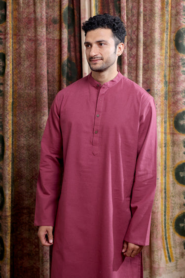 Wine Hand Dyed Cotton Linen Men Long Kurta Full Sleeves MLKFS253C47