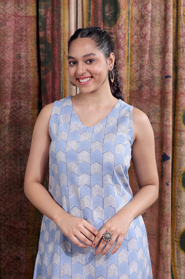 Blue Sanganeri Natural Cotton Linen Women Midi Dress