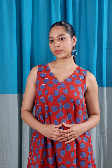 Rust Blue Bagru Lite Cotton Flax Women Maxi Dress