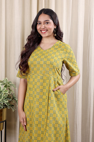 Mustard Bagru Cotton Women Midi Dress Long Sleeves WDRLS252C25