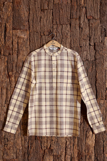 Brown Checks Cotton Linen Men Short Kurta Full Sleeves MSKFS253C11