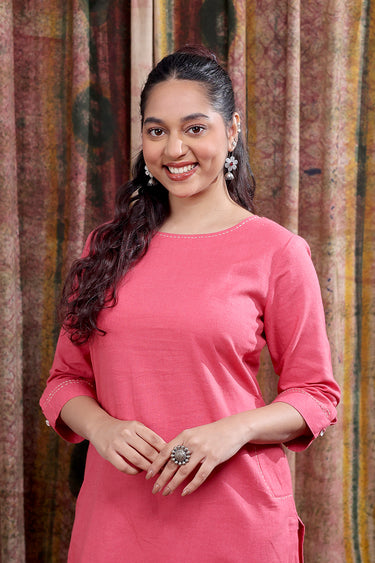 Dark Pink Hand Dyed Cotton Linen Women Long Kurta