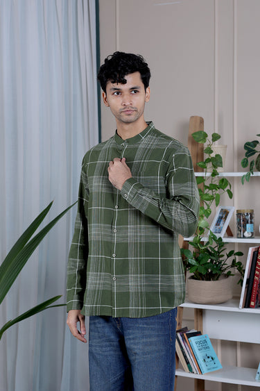 Army Green Checks South Cotton Men Shirt