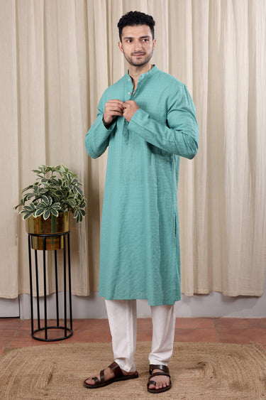 Sea Green Checks South Cotton Men Long Kurta Full Sleeves MLKFS252C25