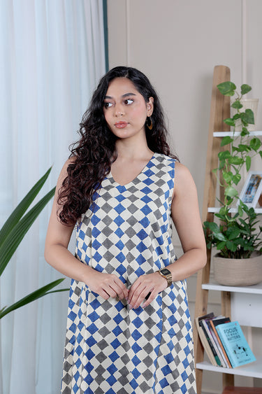 Blue Grey Bagru Lite Cotton Flax Women Midi Dress