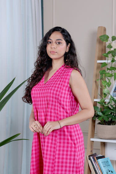 Dark Pink Checks South Cotton Women Midi Dress