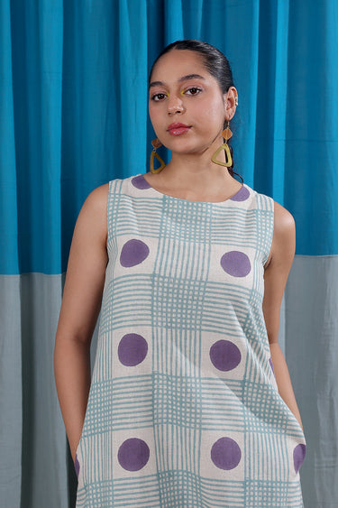 Teal Blue Sanganeri Natural Cotton Linen Women Midi Dress