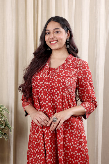 Rust Dhabu Cotton Slub Women Ankle Kurta Long Sleeves WAKLS252C24