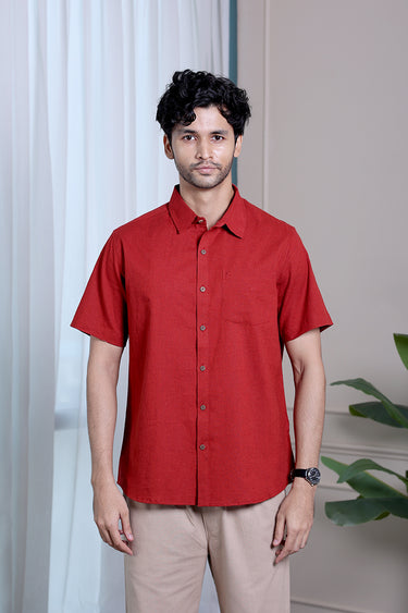 Deep Maroon Dyed Classic Cotton Linen Men Shirt