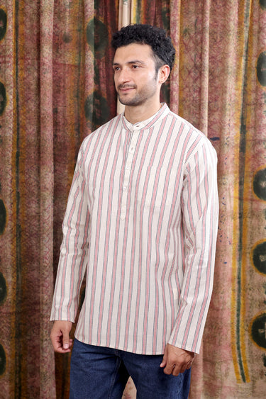 Ivory Stripes Cotton Linen Men Short Kurta Full Sleeves MSKFS252C61