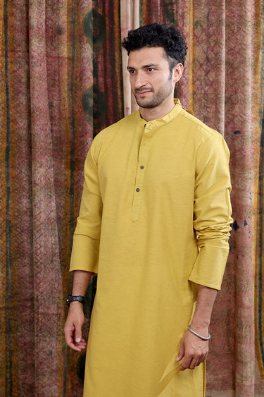 Mustard Yarn Dyed Cotton Flax Men Long Kurta Full Sleeves MLKFS253C30