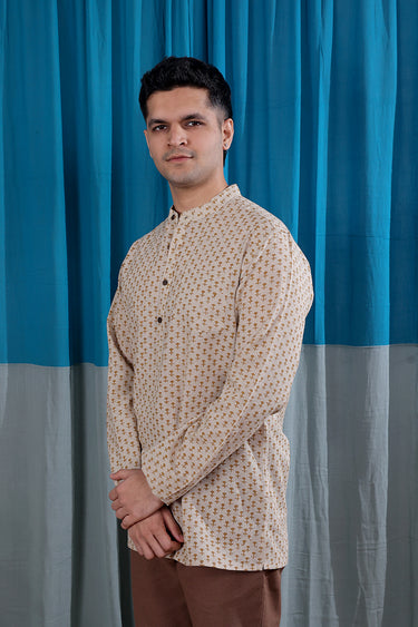 Russet Brown Sanganeri Natural Cotton Linen Men Short Kurta