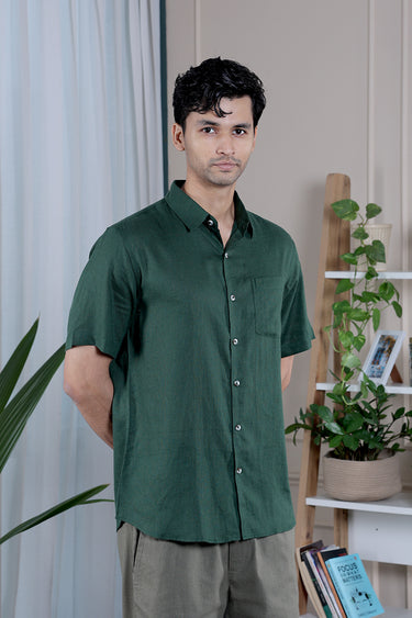 Bottle Green Dyed Lyocell Linen Men Shirt