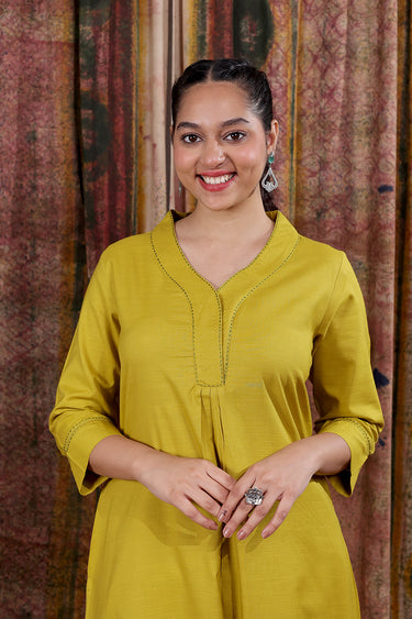 Olive Hand Dyed Cotton Viscose Blend Women Long Kurta Long Sleeves WLKLS253C54