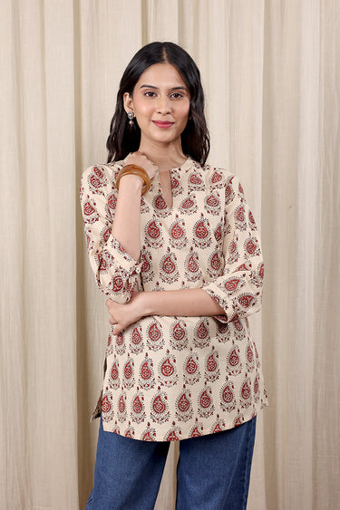 Rust Bagru Cotton Flax Women Kurti Long Sleeves WKILS252C47