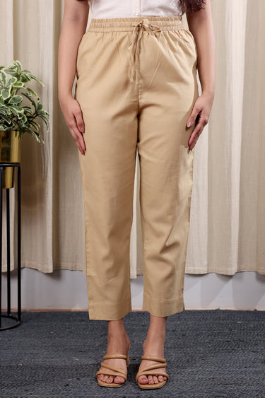 Beige Hand Dyed Cotton Satin Women Ankle Pant WAKPT252C72