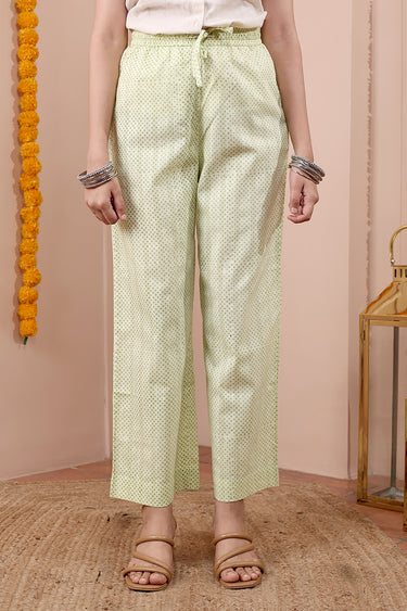 Lime Green Sanganeri Dobby Stripe Women Flared Pant WFLPT252C17