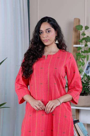 Red Stripes Dobby Fine Cotton Flax Women Long Kurta