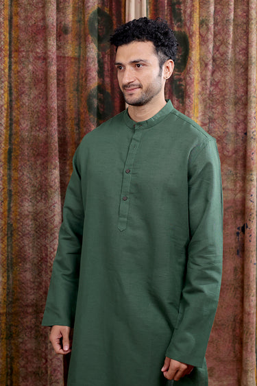 Forest Green Hand Dyed Cotton Linen Men Long Kurta Full Sleeves MLKFS252C69