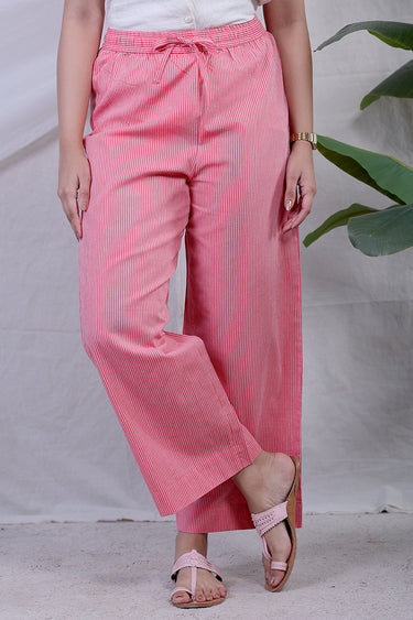 Coral Red Stripes South Cotton Women Flared Pant