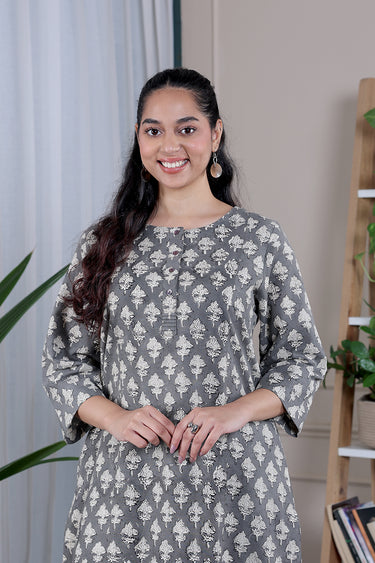 Dull Grey Bagru Lite Cotton Flax Women Long Kurta