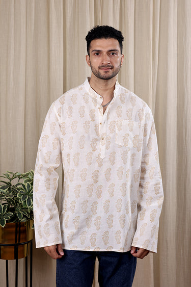 Off White Sanganeri Cotton Linen Men Short Kurta Full Sleeves MSKFS252C33