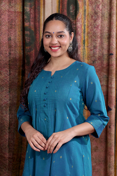 Dark Teal Zari Buti South Cotton Women Ankle Kurta