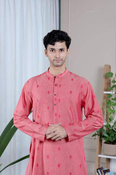 Light Coral Dobby South Cotton Men Long Kurta