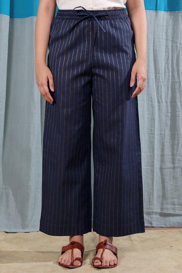 Prussian Blue Stripes Zari South Cotton Women Flared Pant