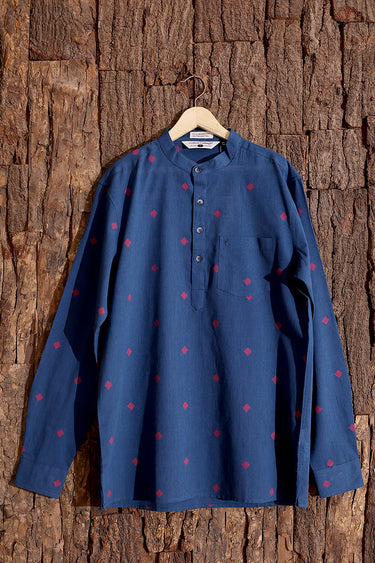 Midnight Blue Dobby Buti South Cotton Men Short Kurta Full Sleeves MSKFS253C7