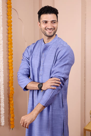 Midnight Blue Mukaish Work Silk Viscose Slub Men Long Kurta Full Sleeves MLKFS252C41