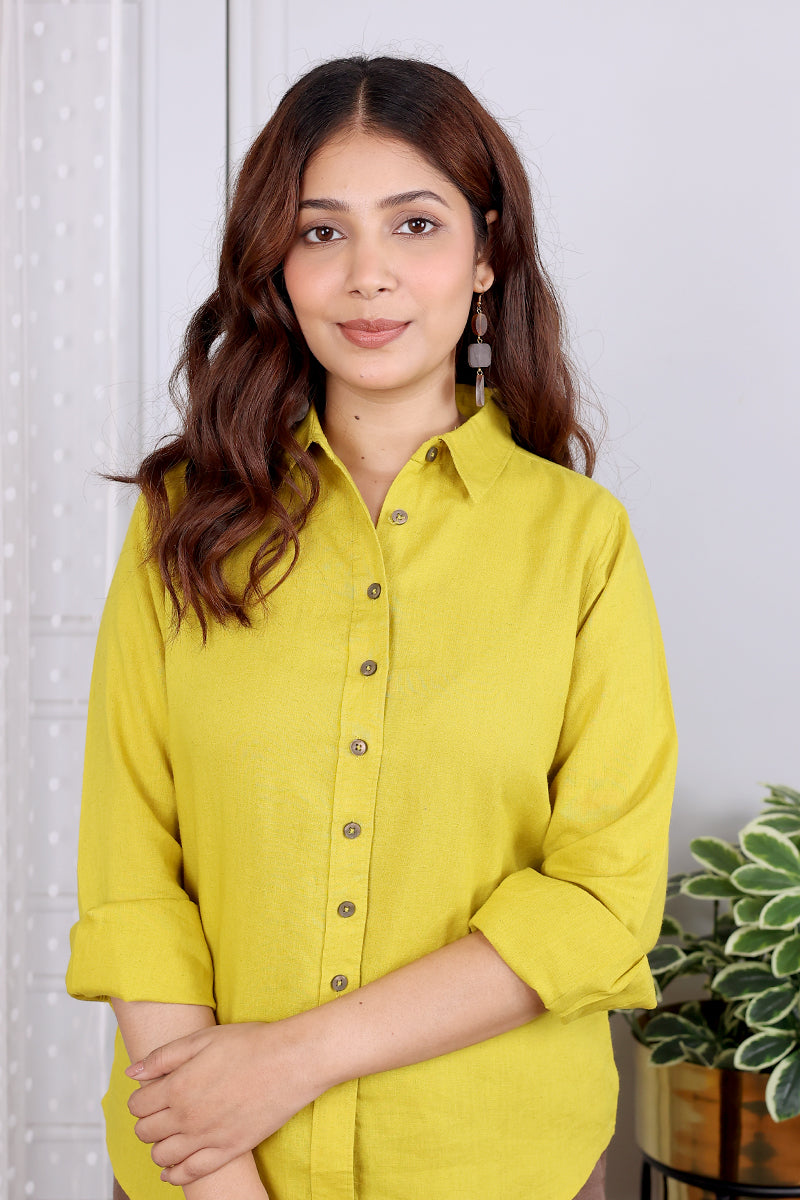 Yellow Hand Dyed Lyocell Linen Women Shirt Long Sleeves WSHLS12231