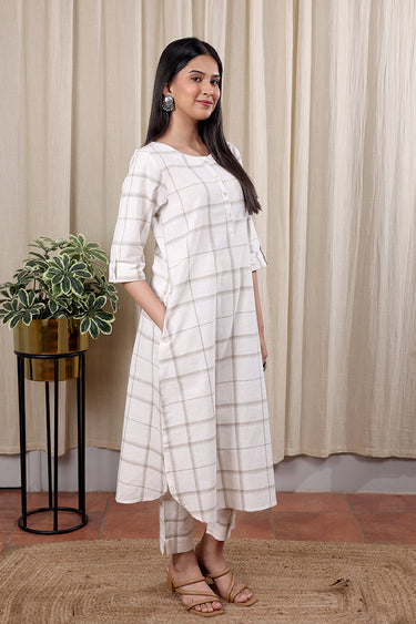 Ivory Checks Cotton Linen Women Long Kurta