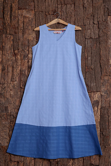Powder Blue Dobby Checks Natural Cotton Linen Women Midi Dress