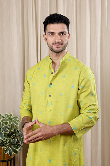 Lime Green Dobby South Cotton Men Long Kurta Full Sleeves MLKFS252C9