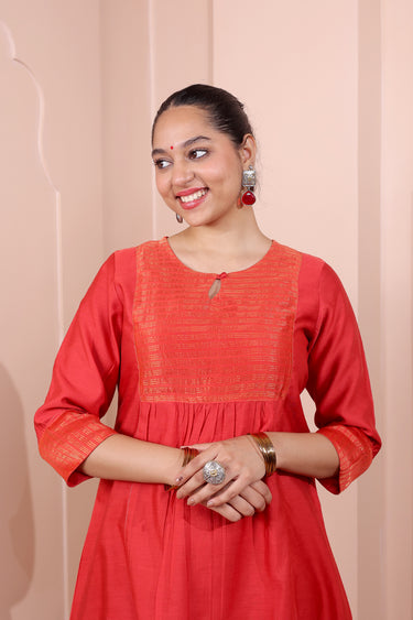 Red Hand Dyed Chanderi Silk Women Long Kurta