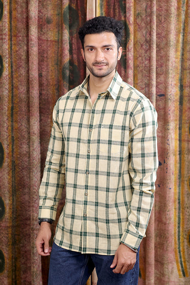 Bottle Green Checks Cotton Linen Men Shirt Full Sleeves MSHFS253C5