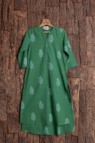 Forest Green Sanganeri Cotton Misdent  Women Long Kurta