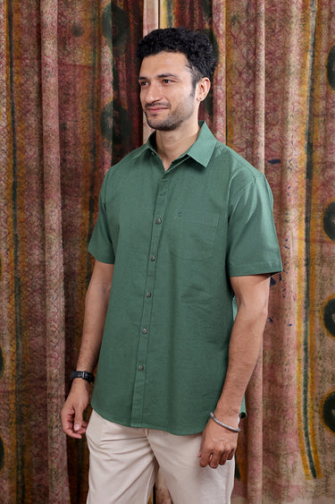 Forest Green Hand Dyed Cotton Linen Men Shirt Half Sleeves MSHHS253C8