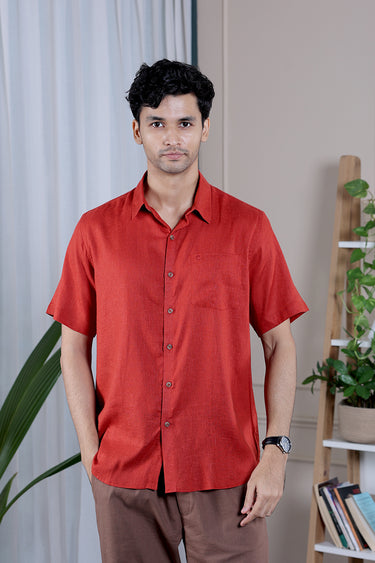 Brick Red Dyed Lyocell Linen Men Shirt