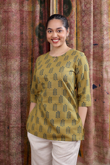Olive Green Bagru Cotton Flax Women Kurti Long Sleeves WKILS253C44
