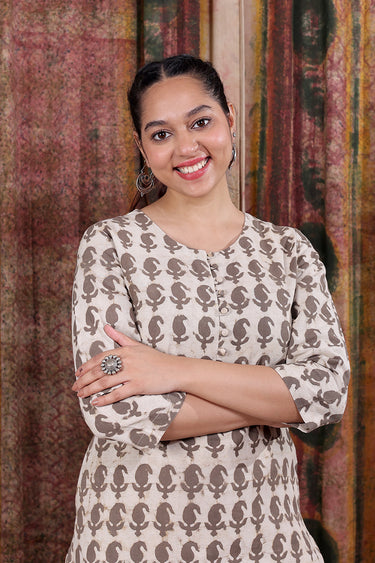 Grey Dhabu Cotton Flax Women Long Kurta