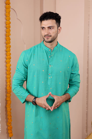 Green Gold Butti South Cotton Men Long Kurta Full Sleeves MLKFS252C30