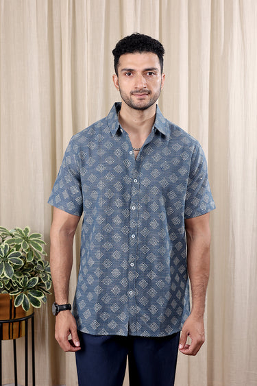 Dark Blue Sanganeri Amber Cotton Men Shirt Half Sleeves MSHHS252C13