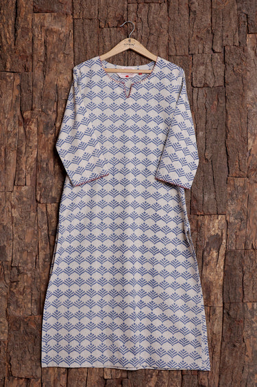 Dark Blue Sanganeri Natural Cotton Linen Women Long Kurta